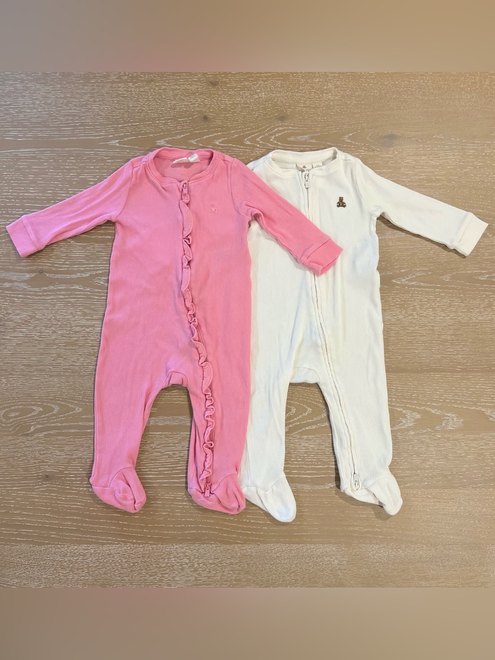 Gap Baby 2 Piece Cotton Ribbed Footed Sleeper Bundle 6-9M Pink White Bear Ruffle